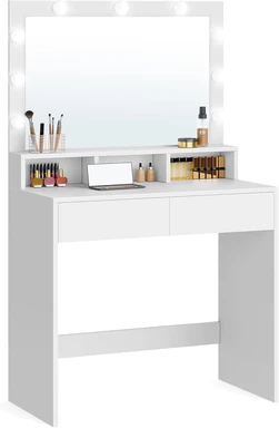VASAGLE Schminktisch mit Spiegel, 9 LED-Leuchten, 2 Schubladen, 3 offene Fächer, modernes Weiß