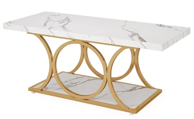 Tribesigns Rechthoekige Salontafel 120 cm, Moderne Salontafel voor Woonkamer, 2-lagen Kunstmarmeren Houten Salontafel met Geometrische Poten, Meubel met Opbergplank (Wit & Goud)
