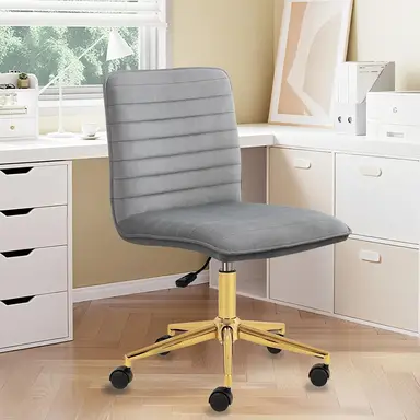 Chaise de coiffeuse Hellove avec roulettes, chaise pivotante en velours, hauteur réglable avec base métallique dorée, chaise de vanity sans accoudoirs, tabouret de coiffeuse avec dossier pour chambre, chambres de coiffeuse, gris