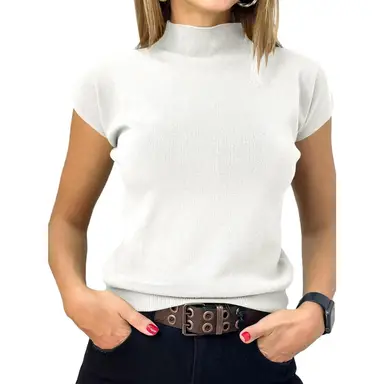 Women's Short Sleeve Sweater Mock Neck Summer Casual Basic Knit Slim Fitted Pullover Tops Shirt (White, S)