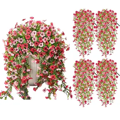 4 Stück 75 cm (29,5 Zoll)  
Künstliche hängende Blumenpflanzen für Außendekoration, künstliche Chrysanthemen und Veilchen mit Eukalyptus, realistische Gänseblümchen-Ranken für Garten, Balkon und Veranda (rot & pink)