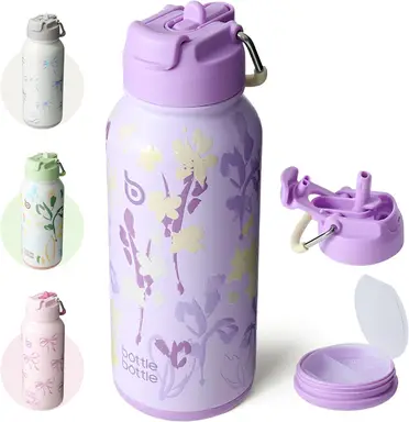 BOTTLE BOTTLE 32oz Insulated Water Bottle Stainless Steel Sport Water Bottle with Straw Dual-use Lid Design for Gym with Pill Box Purple Grown