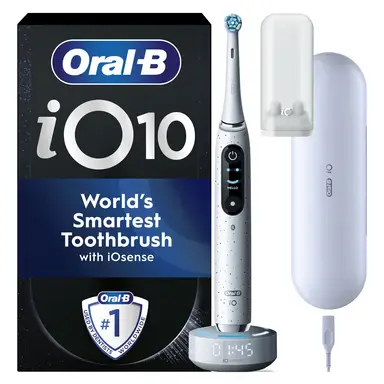 Oral-B iO10 Adult Electric Toothbrush, 1 Ultimate Clean Toothbrush Head & Charging Travel Case, 7 Modes, 2 Pin UK Plug, Stardust White