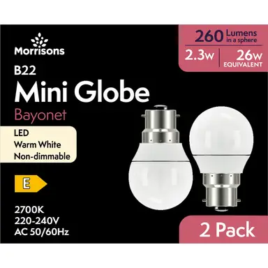 Morrisons Light Bulb LED Mini Globe Frosted Bayonet B22 Warm White 2.3W 260 Lumens 2pcs