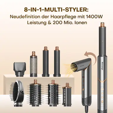 Uniorange M8 8-in-1 Multi-Styler Haartrockner, 1400W Leistung & 200 Mio. Ionen, 110.000 U/min Hochgeschwindigkeitsmotor, Trocknet 4x Schneller, Vollständiges Zubehörset Inklusive