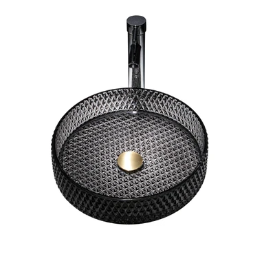 Homary 390mm Countertop Transparent Diamond Shaped Crystal Glass Bathroom Wash Basin in Black