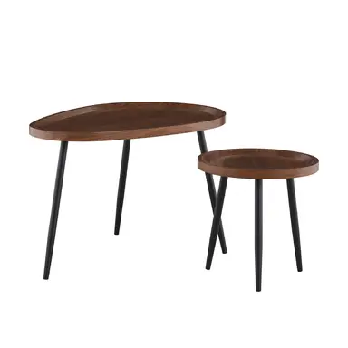 CLIPOP Nesting Walnut Coffee Table of 2, Oval & Round Wooden Coffee Table Set, Farmhouse End Table