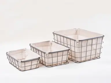 KEVAHOME GREY METAL WIRE STORAGE BIN W NATURAL LINER S/3   15.5X11.5X7.5" 13X9X5'' 11.5X7.5X3.5'', New Year Sale , Top gift picks