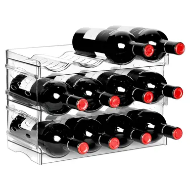 Boxedhome Plastic Wine Rack, 3-Layers-12-Bottles-Transparent, Assemble, Removable Wine Storage Rack for Wine Drink Bottles and Soda Bottles