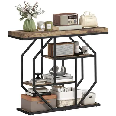 HOMCOM Industrial Console Table, 4-Tier Hallway Table with Storage Shelves and Circle Steel Frame for Living Room, Entryway, Rustic Brown