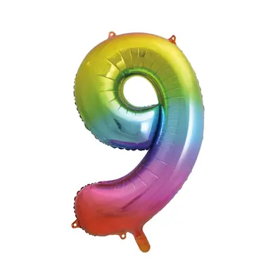 Unique Party Giant Number 9 Balloon, Rainbow, 86cm