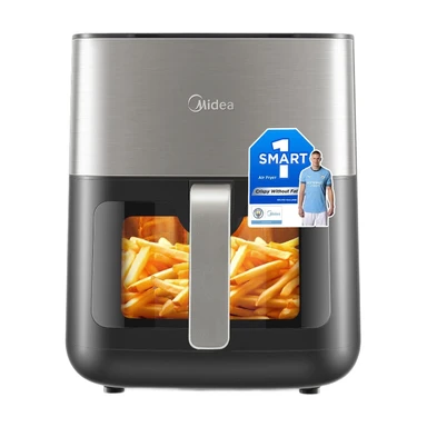Midea 6,2 L Heißluftfritteuse mit Sichtfenster - 1600 W energieeffizient, HeatXpress Schnellluftzirkulation, 7-in-1 voreingestelltes Menü, spülmaschinenfester Antihaftkorb, digitales Display + 1-Minuten-Schnelltaste (Modell: MF-CY65E)