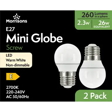 Morrisons Light Bulb LED Mini Globe Frosted Screw E27 Warm White 2.3W 260 Lumens 2pcs