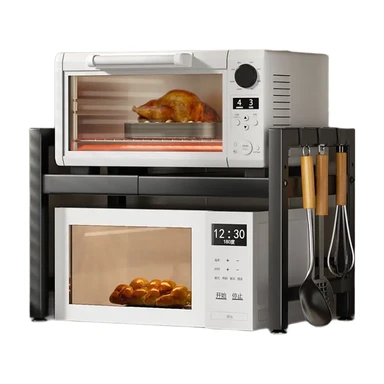 ochama x J.ZAO Uitschuifbaar Magnetronrek - Magnetronstandaard met 2 niveaus, Stevige Keukenplanken, Verstelbare Hoogte, Grote Opbergplank met Draagvermogen, Verdikt Koolstofstaal - Geschikt voor Magnetron/Oven/Rijstkoker, Keukenopslag, Keuken Organizer - Zwart