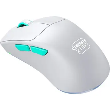 CHERRY XTRFY M64 Kabellose Gaming-Maus, ultraleicht, 53 g, 2,4‑GHz‑RF, Pixart 3395‑Sensor, bis zu 75 Std. Akkulaufzeit, ergonomisches rechtsseitiges Design mit ultraflacher Vorderkante – Weiß