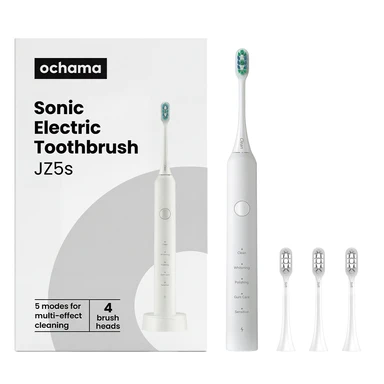 ochama elektrische Zahnbürste - Enthält 4 Bürstenköpfe und Ladegerät, leise Betriebsweise, lange Akkulaufzeit, Weiß