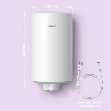 Comfee' D50-15EFG Chauffe-eau électrique à accumulation mural, 50 L, Conception sous évier, Wi-Fi et commande à distance par smartphone, Blanc, Classe d’efficacité énergétique B