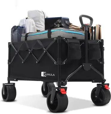 SUNULA Chariot de transport pliable - Charge maximale 120 kg - Chariot à main pliable avec poignée en un clic et pliable sur les 4 côtés - Tous les terrains avec freins - 150 l - Noir