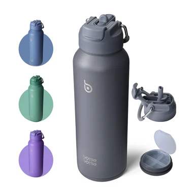 BOTTLE BOTTLE Gourde isotherme en acier inoxydable avec paille, poignée et compartiment à médicaments, 1,18L, gris, sports de plein air et école
