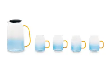 Maison by Premier Glass Ombre Blue Pitcher & Cup Set, Delicate Glass Jug Set With Amber Handles, Spacious 1500ml Jug With Lid