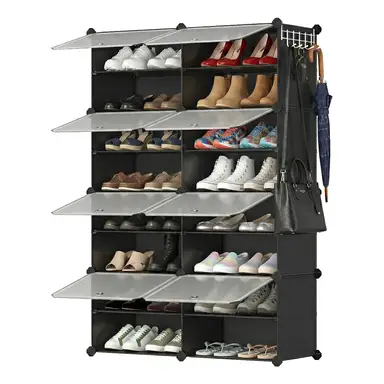 SONGMICSHOME  Shoe Storage Unit with 8 Compartments, Adjustable Hallway Shelf, Cabinet for up to 32 Pairs, Black-Transparent