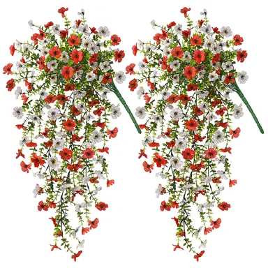4Pcs 29.5in/75cm
Artificial Faux Hanging Flowers Plants for Outdoor Decor Outside Fake Mums Violets with Eucalyptus Realistic Daisy Trailing Vines for Yard Balcony Porch Decor(red&white)