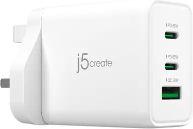 j5create 65W GaN USB-C 3-Port Charger， Compact and Compatible with MacBook Pro/Air， iPhone 16/15， iPad Pro/Air， GALAXY S24/S23， Steam Deck， Switch (JUP3365F)