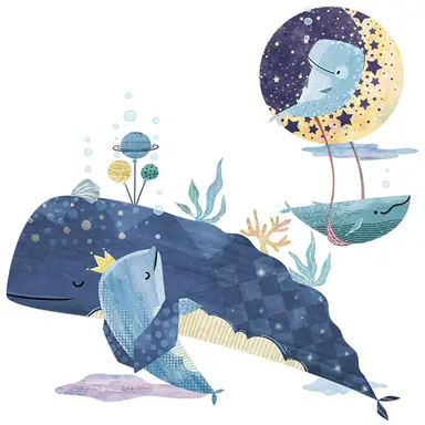 Children's room wallpaper mural, blue theme, peelable and self-adhesive cartoon sea wallpaper, suitable for living room and bedroom wall decoration，Three Whales *2 set