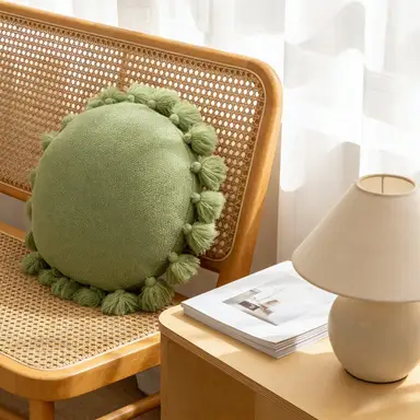 MEROPE, Acrylic Fringed Round Cushion, 45x45cm, green, 1pack