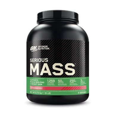 Optimum Nutrition Serious Mass High Calorie Weight Gainer Powder - Strawberry Flavour, 1250 Calories, 50g Protein, 250g Carbs, Creatine - 2.73kg (8 Servings)