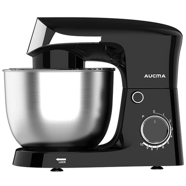 Robot Pâtissier Aucma 5L 10 Vitesses à Tête Inclinable, 3-en-1 avec Bol, Crochet Pétrisseur, Fouet et Batteur, Idéal Pâtisserie: gâteaux, pain, pizza, viennoiseries, pâtes, Moteur AC 400W en Cuivre Pur (5L, Noir)