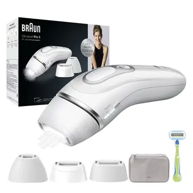 Braun Silk·expert Pro 3 PL3233 Women’s IPL, At Home Hair Removal Device with Pouch and 3 attachments, White/Silver