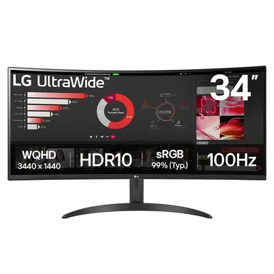 LG Electronics Curved UltraWide Monitor 34WR50QK, 34 Inch, 1440p, 100Hz, 5Ms Response Time, VA Panel, Smart Energy Saving, DisplayPort, HDMI