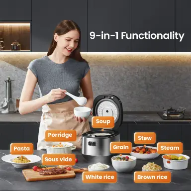 Midea rice cooker with 9 functions, 2L, 4 cups, for 1-3 persons, advanced heating technology, 30 min quick rice, non-stick coating, 24-hour keep warm & timer - STEAM COOKER INSERT, RICE COOKER SMALL