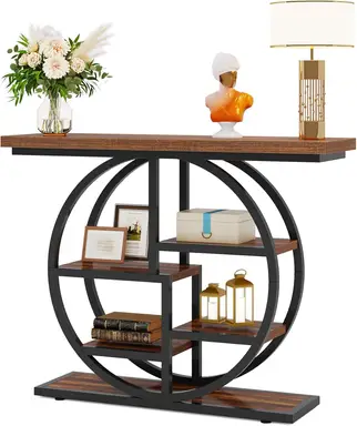 Tribesigns Console Table 105cm Industrial 6 Tier Sofa Table Entrance Table with Circle Base Narrow Wood Accent Tables with Storage Shelves for Living Room Hallway Foyer Rustic Brown