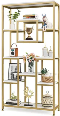 Tribesigns 180 cm hoge gouden boekenkast, moderne vrije staande boekenkast met 11 open opbergvakken, hoge display boekenplanken voor de woonkamer, slaapkamer, thuiskantoor, goud & wit.
