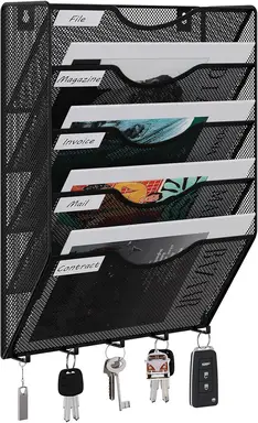 Senhoglb 5 Tier A4 Mesh Wall Pocket File Holder with 5 Hooks，Black, New Year Sale , Top gift picks