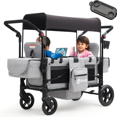 Sekey Poussette pour 2 enfants pliable avec toit, double poignée et siège double avec 2 systèmes de harnais à 5 points intégré - Gris