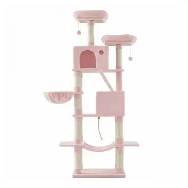 【Rentrée scolaire】 Arbre à chat, Grande tour pour chat de 206 cm avec 13 poteaux à griffer, 1 rampe à griffer, 2 perchoirs, 2 niches, Panier, Hamac, Pompons, Condo en peluche à plusieurs niveaux pour chats d'intérieur, Rose gelée