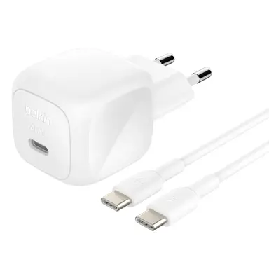 Belkin BoostCharge Chargeur secteur compact avec câble USB-C vers USB-C, 45 W - Blanc