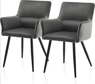CLIPOP Leisure Dining Chairs Set of 2 Velvet Upholstered Seat Kitchen Chairs with Armrests, Backrest and Metal Legs,0324 grey 55*52*83 cm