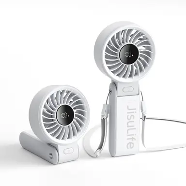 JISULIFE Portable Handheld Fan Life 7, 5000mAh Rechargeable, High-Power Motor, LED Display, 19.5 Hrs Cooling, 5 Speed, Foldable Design, 3-IN-1 , White