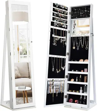Costway 3-in-1 360° Swivel Mirrored Jewelry Armoire with Display Shelves-White