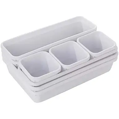 1set of drawer organizer boxes, featuring an integrated divider system, adjustable dividers, and ample storage space for tableware. Suitable for drawers, made of plastic, white.