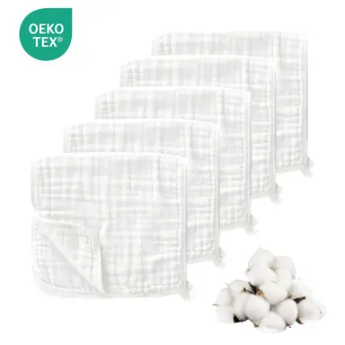 LeBonsoir Towels， 5 Pack Muslin Cloths for Baby， 100% Cotton 6 Layers Absorbent Baby Muslin Squares Cloths for Newborn Boy and Girl， Soft， Breathable and Extremely Absorbent Baby Muslin Burp Cloths， 30*50cm， 5 Pack (White)