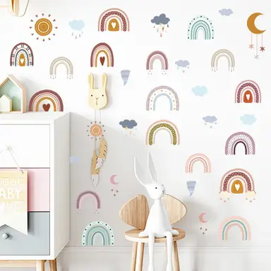 Boho Wall Stickers Girls Bedroom Removable Wall Decals Nursery Kids Room Decor Vinyl Murals DIY Cute Decorations，Rainbow
