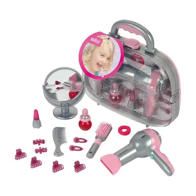 Theo Klein 5855 Frisierkoffer mit Braun Haartrockner | Mit Spiegel, Kamm und viel Styling-Zubehör | Robuster Koffer mit batteriebetriebenem Fön | Spielzeug für Kinder ab 3 Jahren