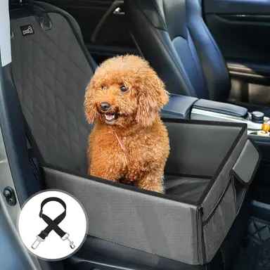 Pecute Hundewagen-Sitz für den Vorderfahrzeugsitz, klappbar, wasserdicht, weicher Hundekorb mit Sicherheitsgurt, Grau, für Reisen, Ausflüge und Wandern, 60 x 43 x 19 cm