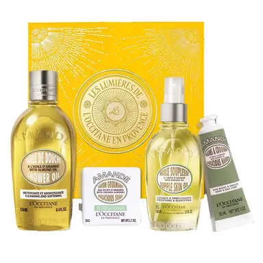L'Occitane Coffret soin aux amandes avec huile de douche 250 ml, huile de corps 100 ml, crème mains 30 ml, savon 50 g