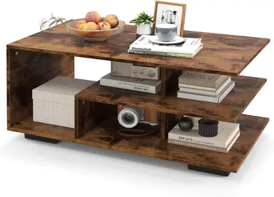 COSTWAY Coffee Table 3-Tier Rectangular Center with L-Shaped Middle Shelf-Rustic Brown